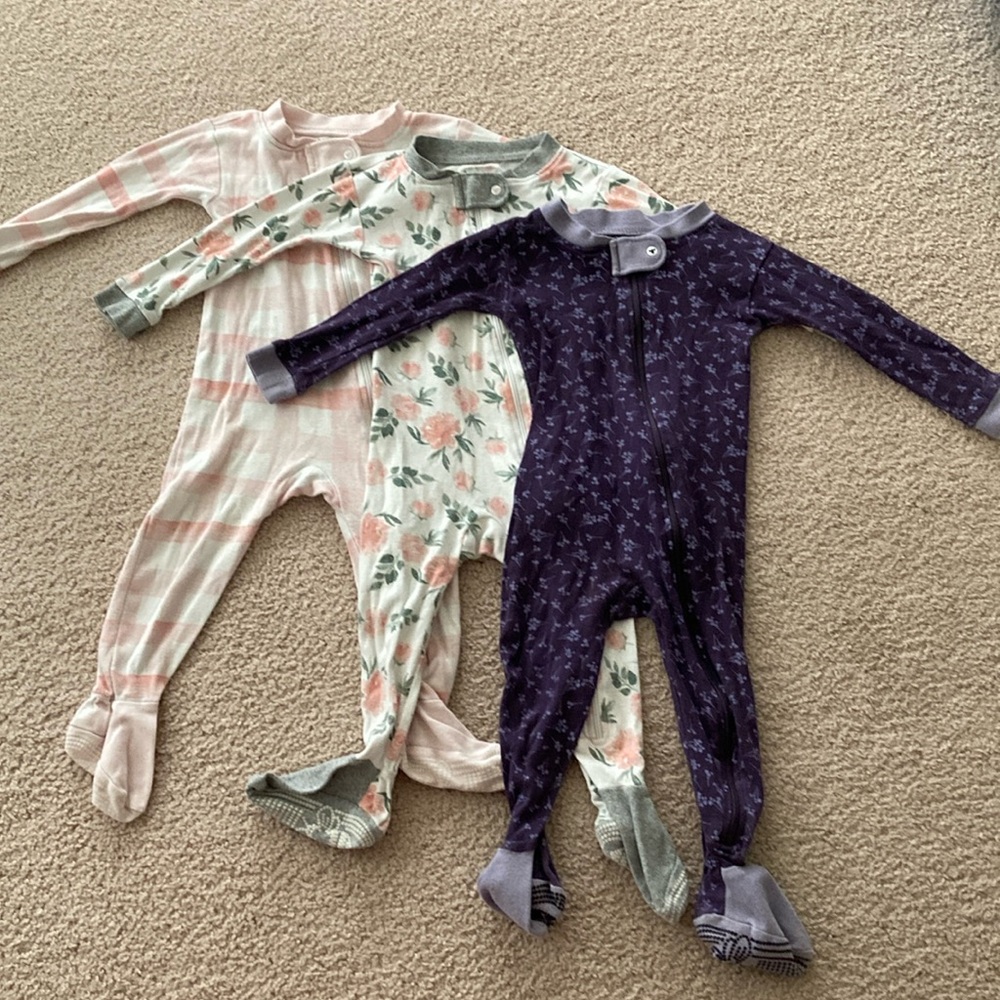 Lot of 3 Burt’s Bees Baby Footed Zipper Sleepers